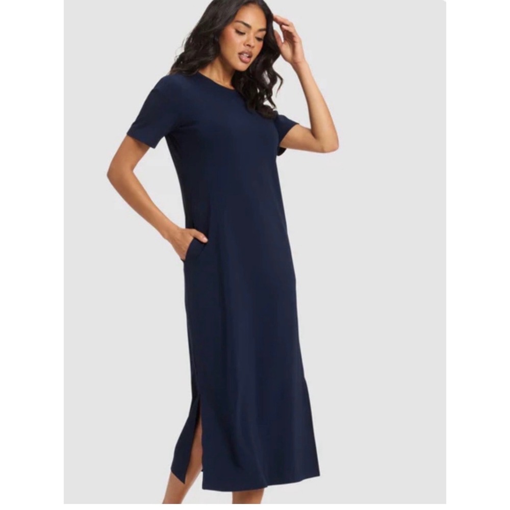 NWT Cozy Earth | Brushed Bamboo Midi Dress S Navy Short Sleeve Pockets Quiet Lux